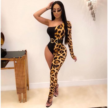 Adogirl Leopard Print Patchwork Women One Leg Jumpsuit Sexy One Shoulder Long Sleeve Skinny Romper Night Club Overalls Bodysuits